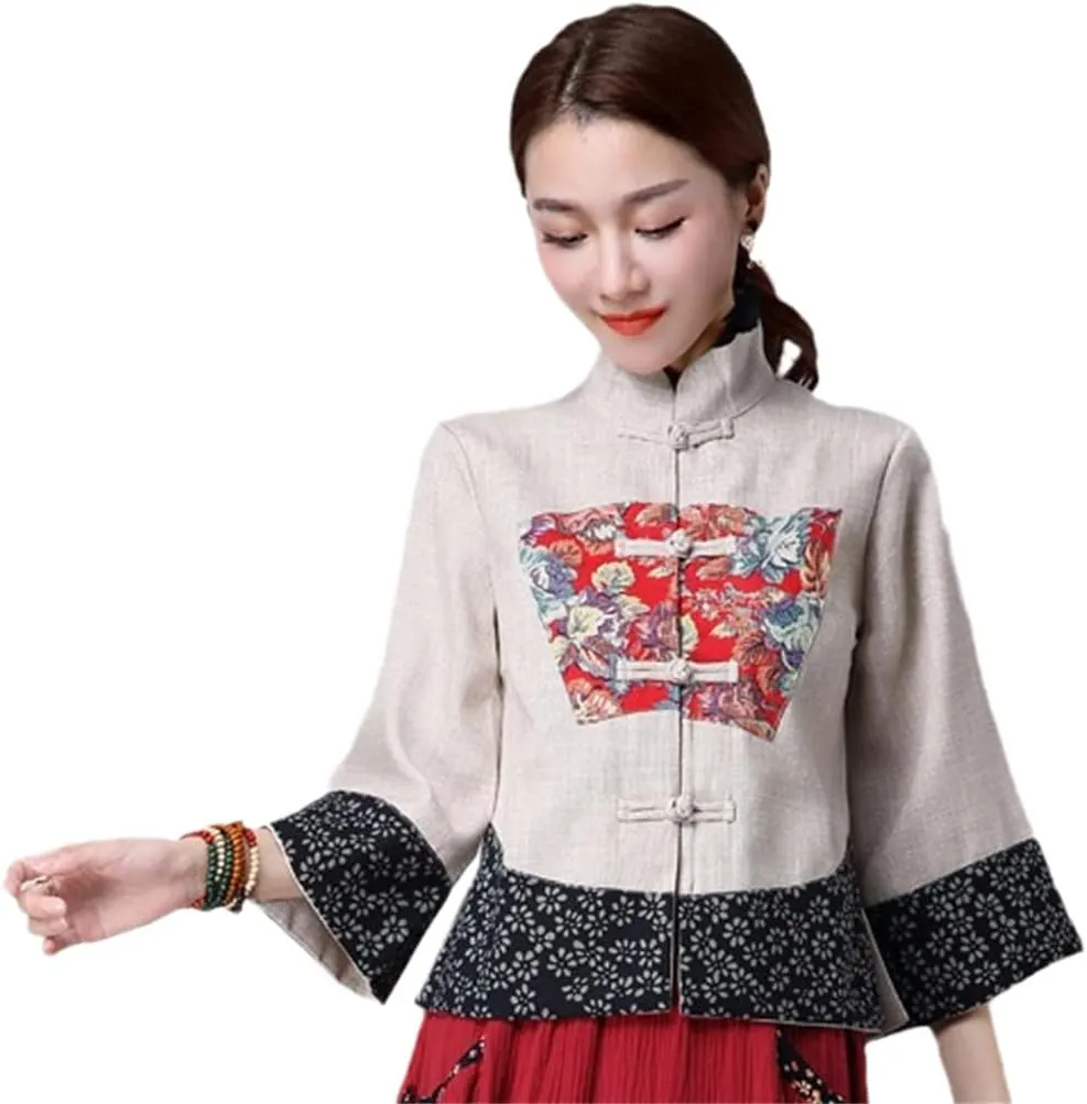 OTFTHPCW Cotton Linen Female Tang Suit Coat Traditional Chinese Tops Women Hanfu Jacket Slim Ethnic Style Stand Collar Blouse