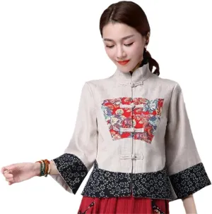 OTFTHPCW Cotton Linen Female Tang Suit Coat Traditional Chinese Tops Women Hanfu Jacket Slim Ethnic Style Stand Collar Blouse