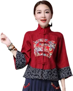 OTFTHPCW Cotton Linen Female Tang Suit Coat Traditional Chinese Tops Women Hanfu Jacket Slim Ethnic Style Stand Collar Blouse