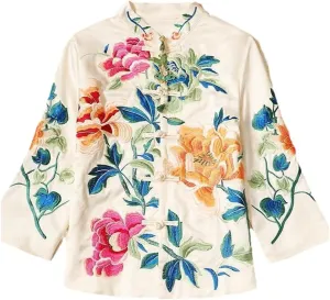 OTFTHPCW Ethnic Style Vintage Embroidery Chinese Tops Women Jacket Loose Coat Tang Suit Female Autumn