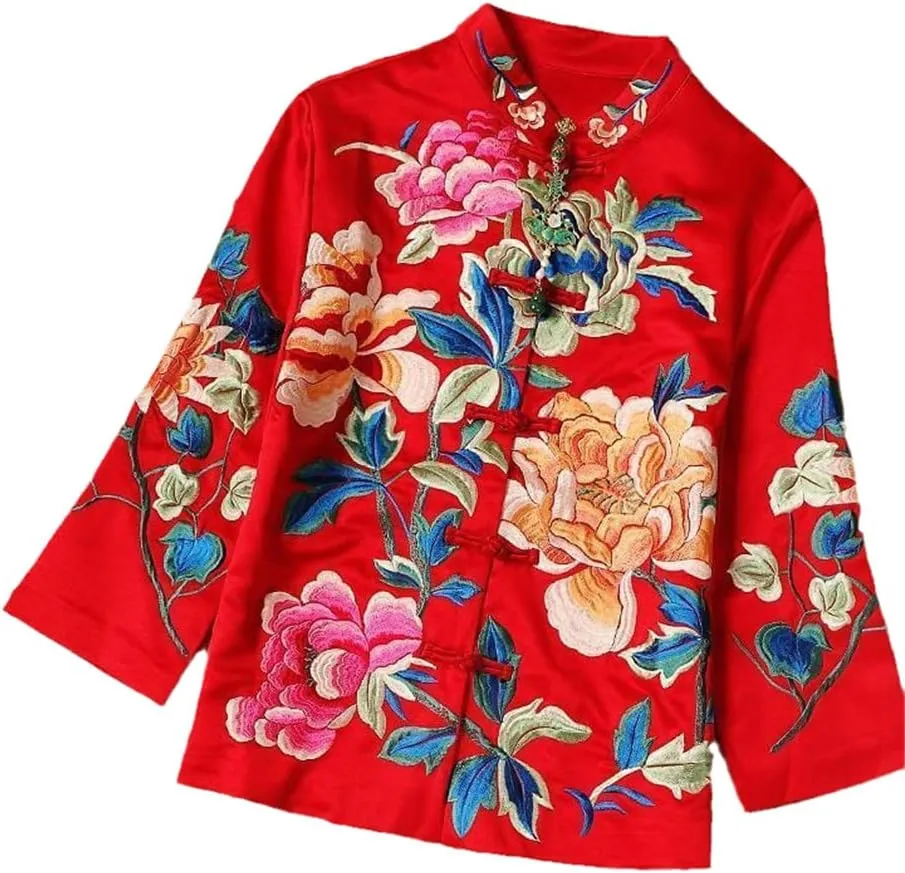 OTFTHPCW Ethnic Style Vintage Embroidery Chinese Tops Women Jacket Loose Coat Tang Suit Female Autumn