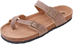 OUTWOODS Women's Bork-30 Vegan Leather Adjustable Strap Toe-Loop Buckle Flats Sandals (10 B(M) US, Taupe)