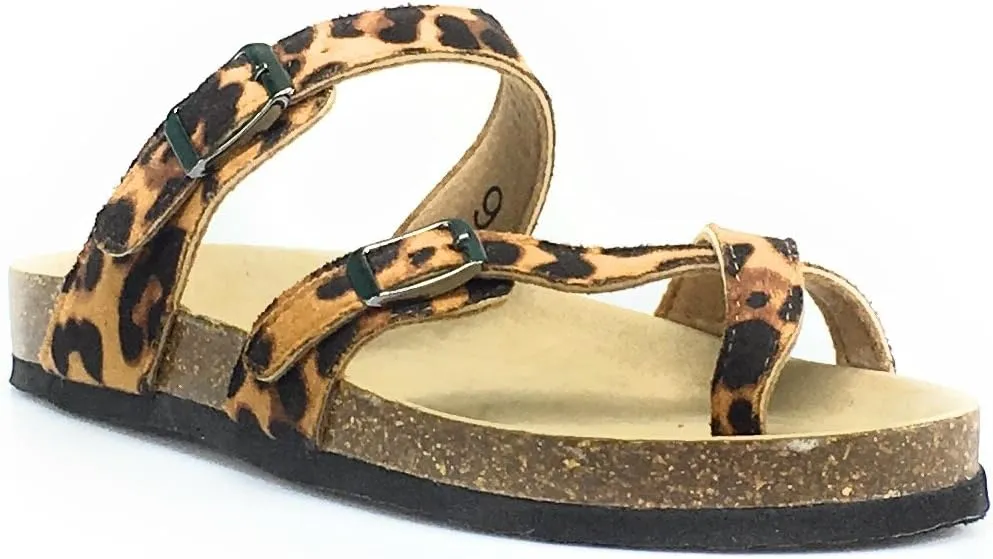 OUTWOODS Women's Vegan Leather Toe-Loop Buckle Flats Sandals Bork-30 (11, Cheetah)
