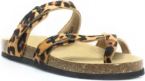 OUTWOODS Women's Vegan Leather Toe-Loop Buckle Flats Sandals Bork-30 (11, Cheetah)