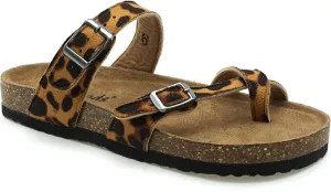 OUTWOODS Women's Vegan Leather Toe-Loop Buckle Flats Sandals Bork-30 (8, Cheetah)
