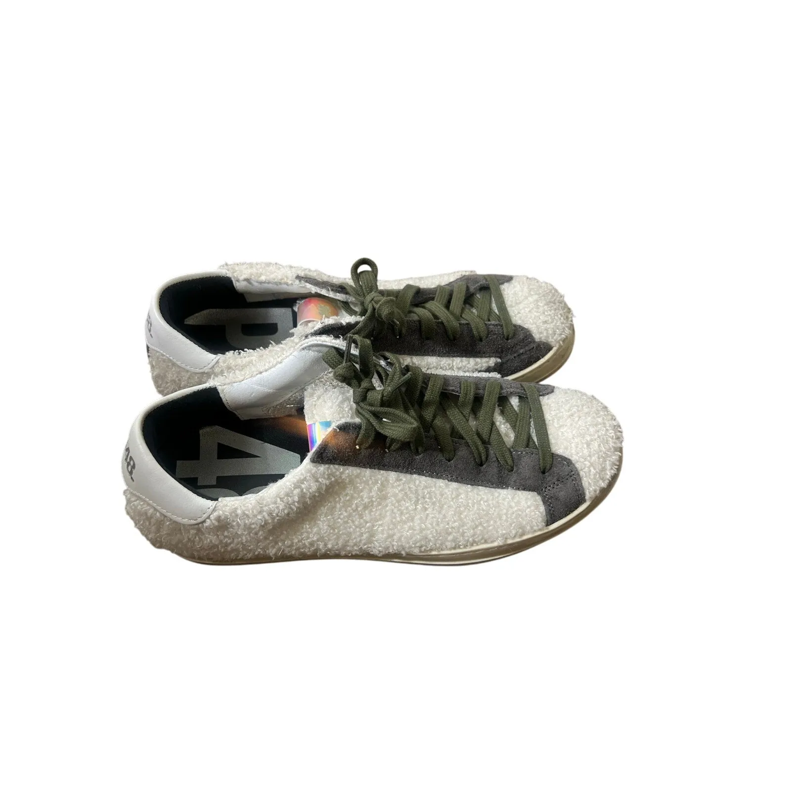 P448 White Wooly Sneakers Grey Suede Accents Green Laces Sz 39 (8.5)