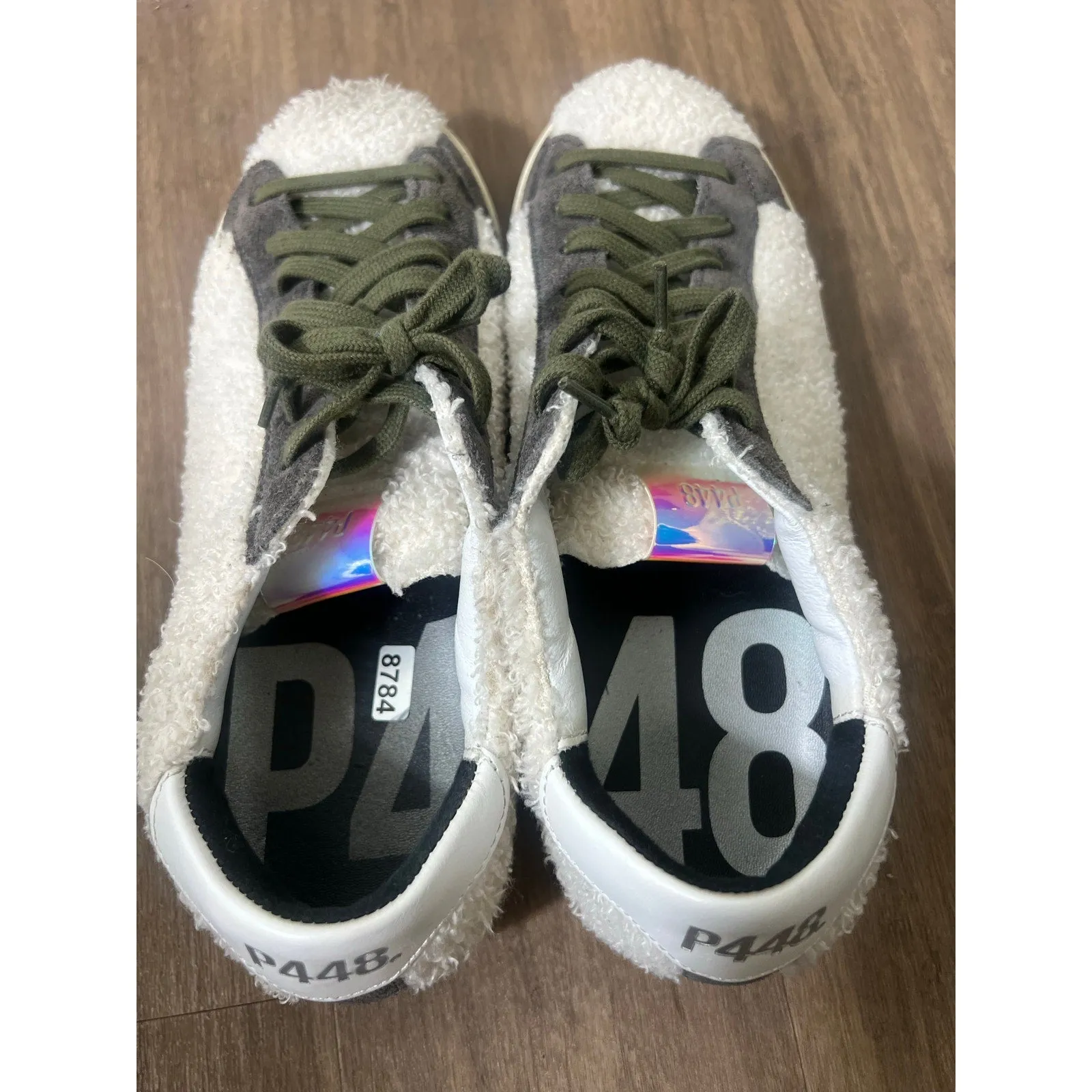 P448 White Wooly Sneakers Grey Suede Accents Green Laces Sz 39 (8.5)