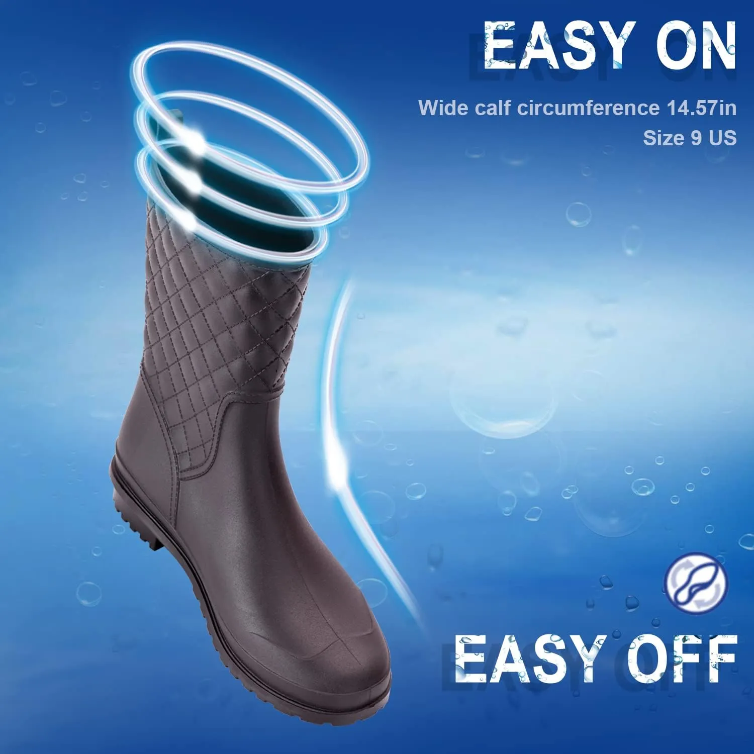 Petrass Women Rain Boots Black Waterproof Mid Calf Lightweight Cute Booties Fashion Out Work Comfortable Garden Shoes