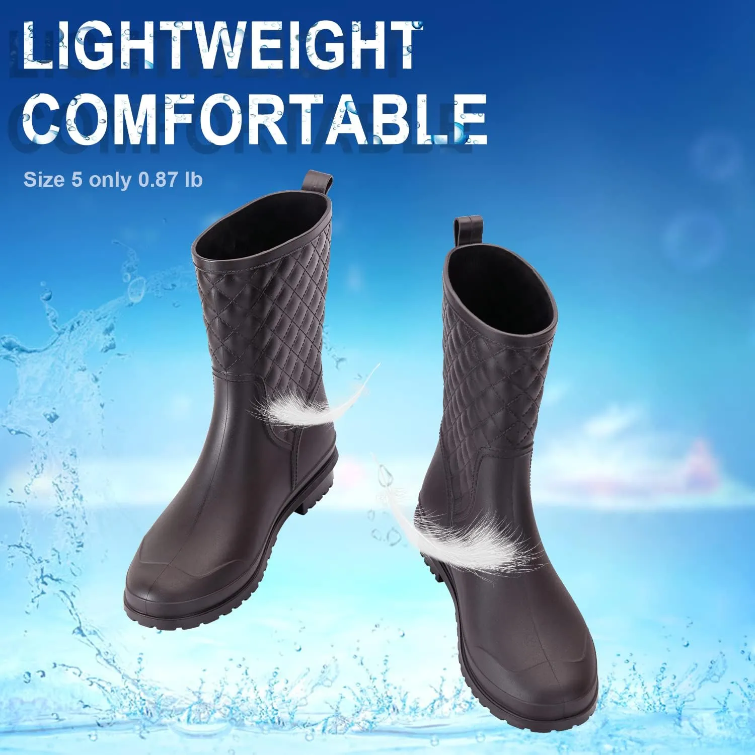 Petrass Women Rain Boots Black Waterproof Mid Calf Lightweight Cute Booties Fashion Out Work Comfortable Garden Shoes