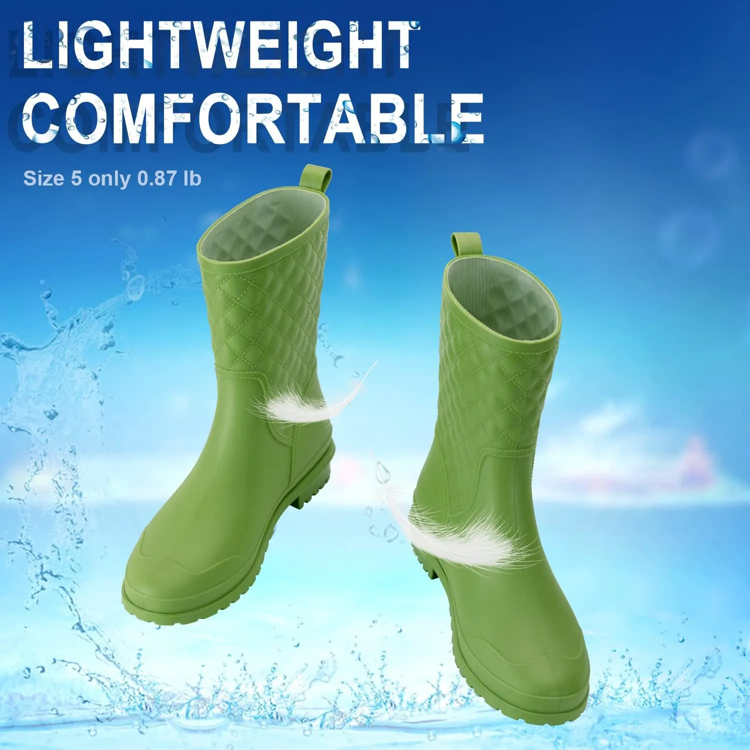 Petrass Women Rain Boots Black Waterproof Mid Calf Lightweight Cute Booties Fashion Out Work Comfortable Garden Shoes