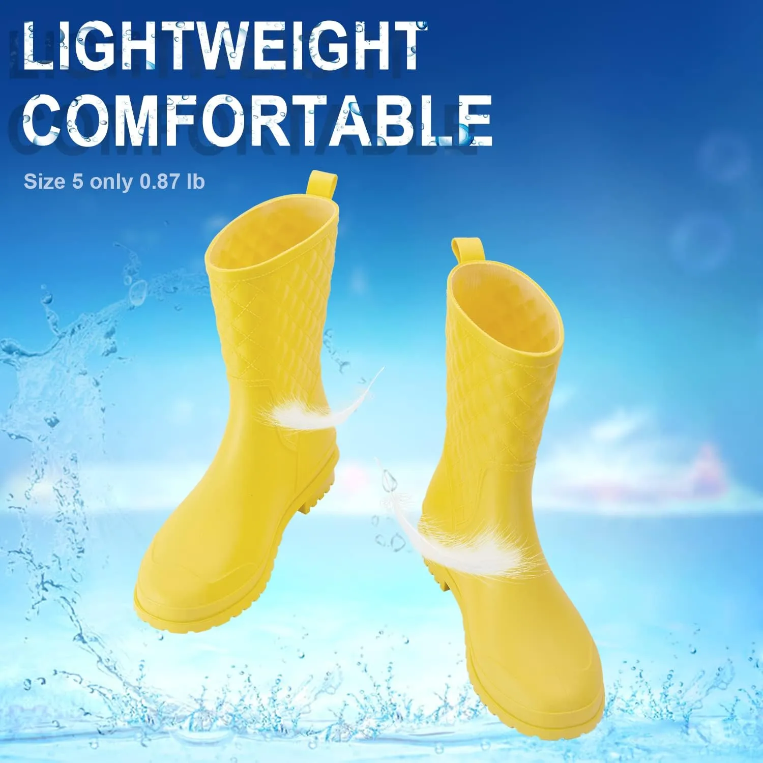 Petrass Women Rain Boots Black Waterproof Mid Calf Lightweight Cute Booties Fashion Out Work Comfortable Garden Shoes