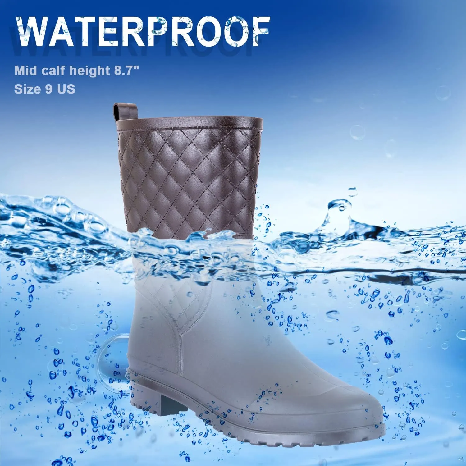 Petrass Women Rain Boots Black Waterproof Mid Calf Lightweight Cute Booties Fashion Out Work Comfortable Garden Shoes