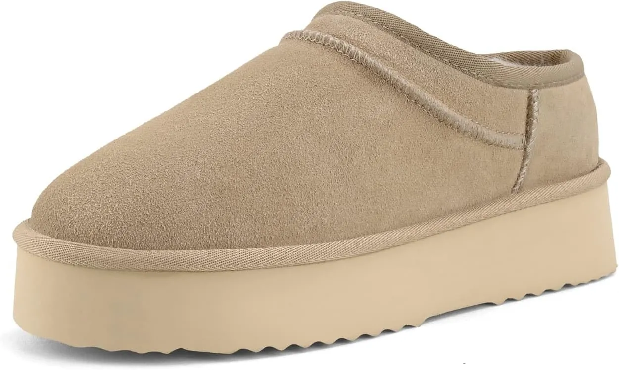 Platform Slippers for Women Genuine Suede Ankle Snow Boots Indoor Outdoor Winter Fur Slip On Mules
