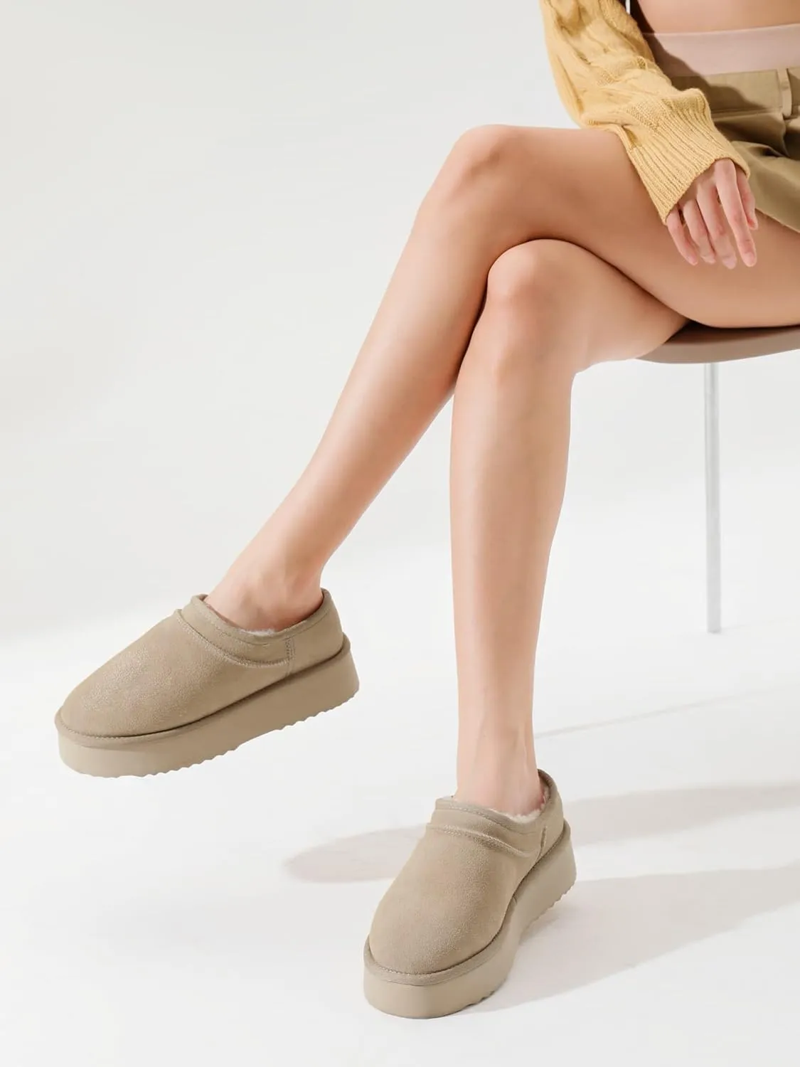 Platform Slippers for Women Genuine Suede Ankle Snow Boots Indoor Outdoor Winter Fur Slip On Mules