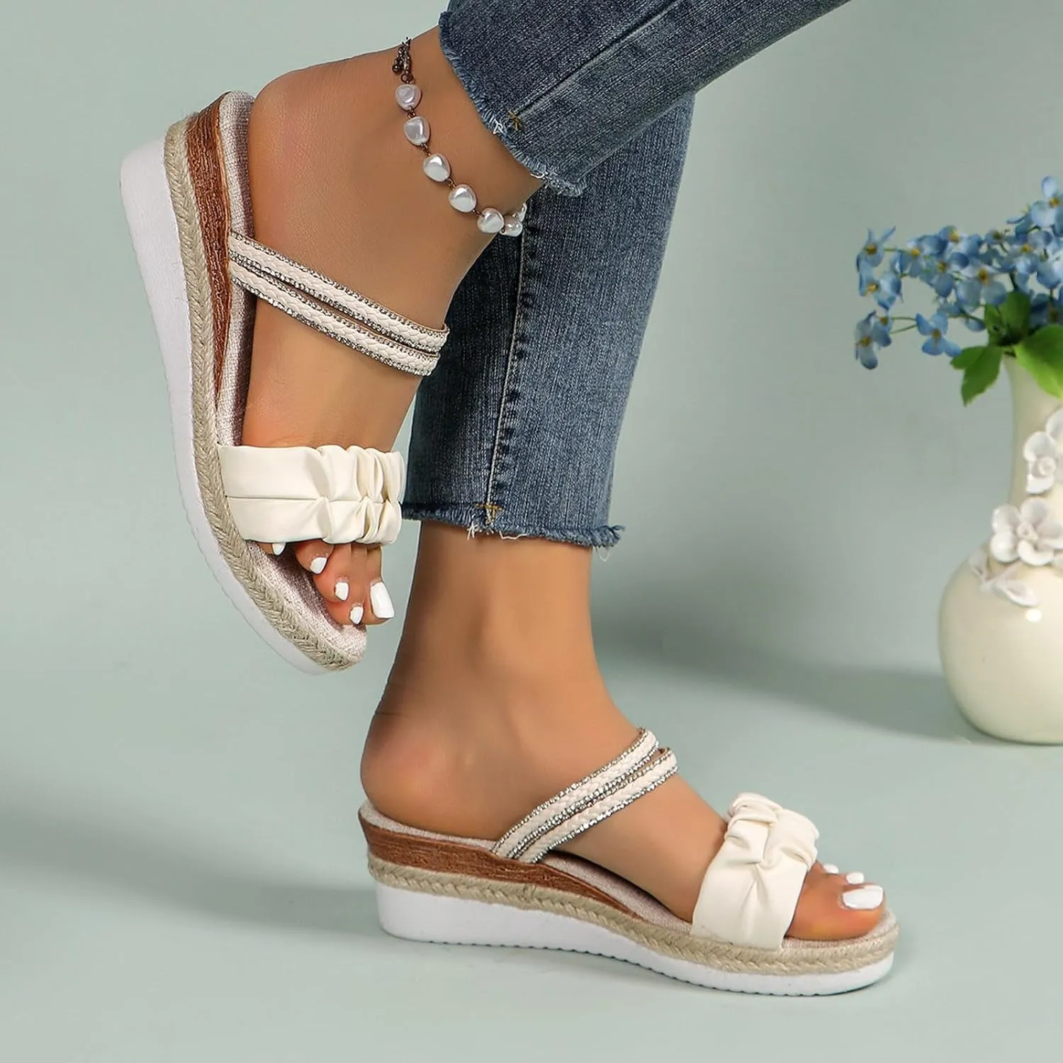 Platform Wedge Sandals for Women,Espadrille Sandals for Women Summer Dressy 2024 Open Toe Ankle Strap Wedge Low Heels Sandals Comfortable Anti Slip Beach Boho Orthopedic Sandals Casual Walking Shoes