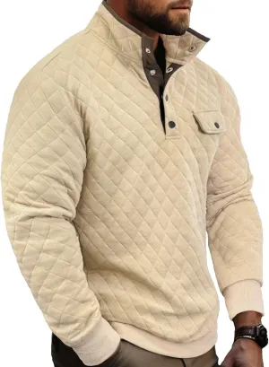 PLEPAN Mens Quilted Sweatshirt Long Sleeve Casual Stand Collar 1/4 Button Pullover Sweatshirts for Men