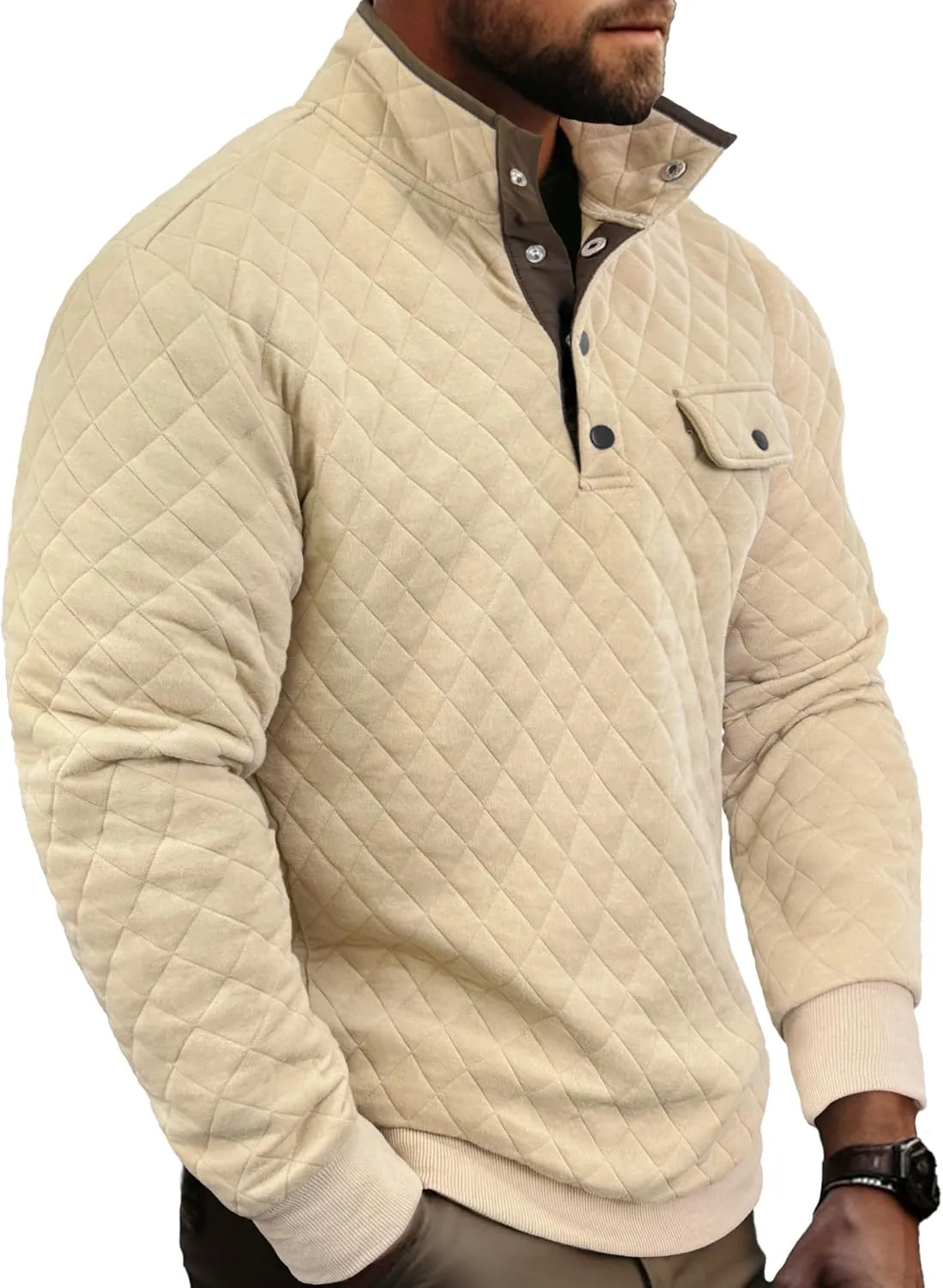 PLEPAN Mens Quilted Sweatshirt Long Sleeve Casual Stand Collar 1/4 Button Pullover Sweatshirts for Men