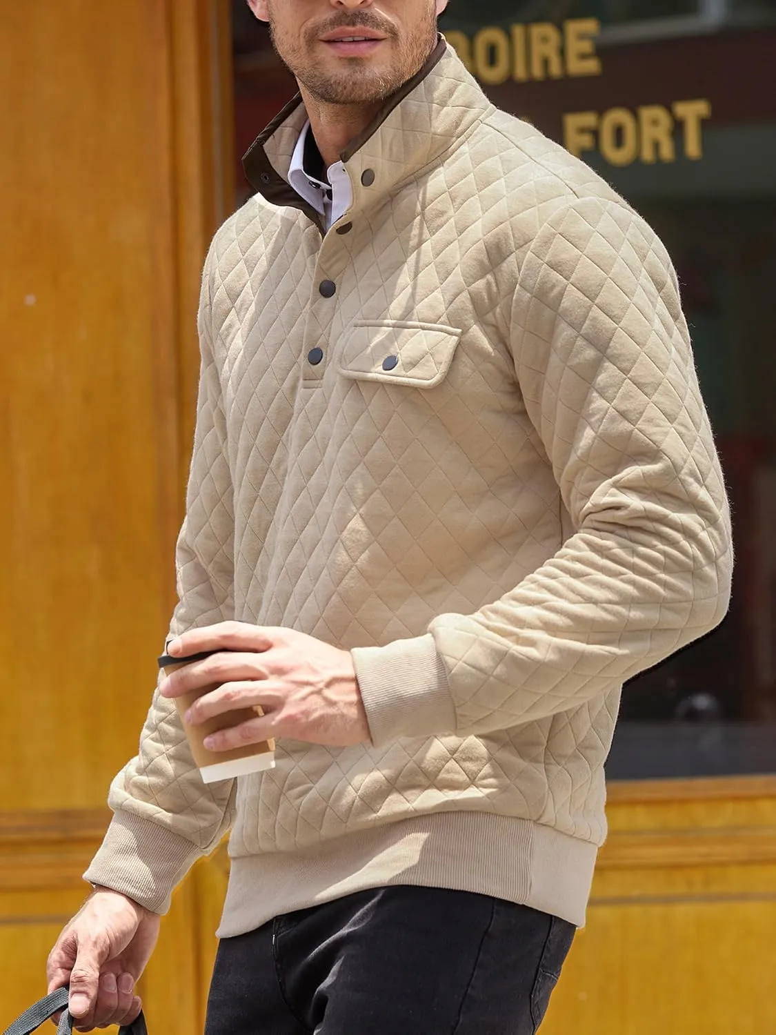 PLEPAN Mens Quilted Sweatshirt Long Sleeve Casual Stand Collar 1/4 Button Pullover Sweatshirts for Men