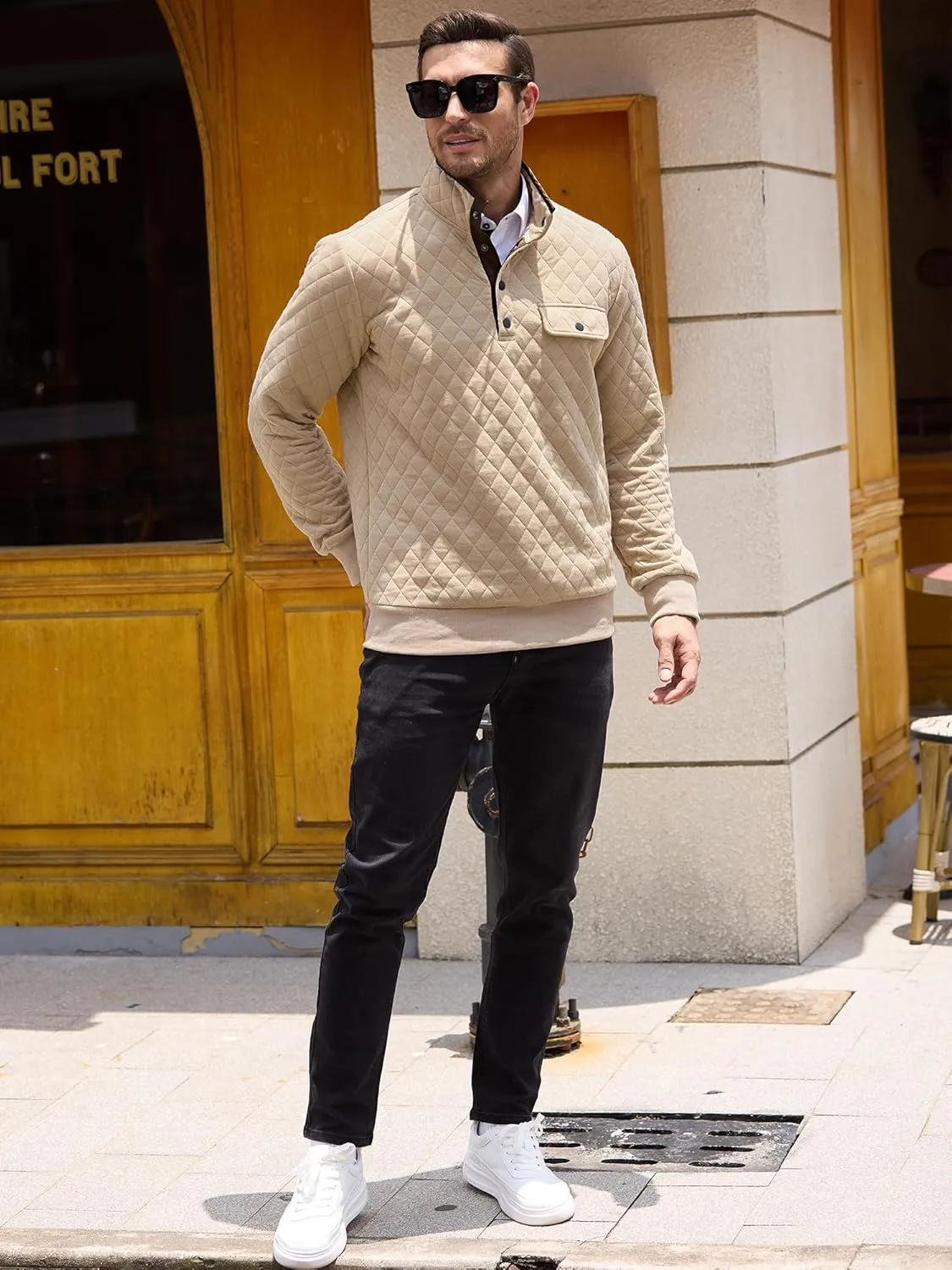 PLEPAN Mens Quilted Sweatshirt Long Sleeve Casual Stand Collar 1/4 Button Pullover Sweatshirts for Men