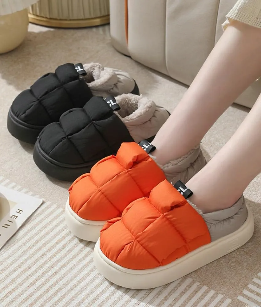 Pocadri Women's Cozy Short Bootie Slippers for Men Winter Warm Non-Slip House Shoes Plush Lining Down Cotton Slipper Boots Indoor Outdoor
