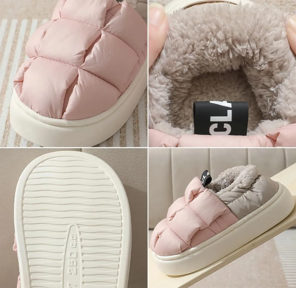 Pocadri Women's Cozy Short Bootie Slippers for Men Winter Warm Non-Slip House Shoes Plush Lining Down Cotton Slipper Boots Indoor Outdoor