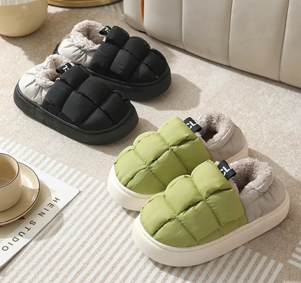 Pocadri Women's Cozy Short Bootie Slippers for Men Winter Warm Non-Slip House Shoes Plush Lining Down Cotton Slipper Boots Indoor Outdoor