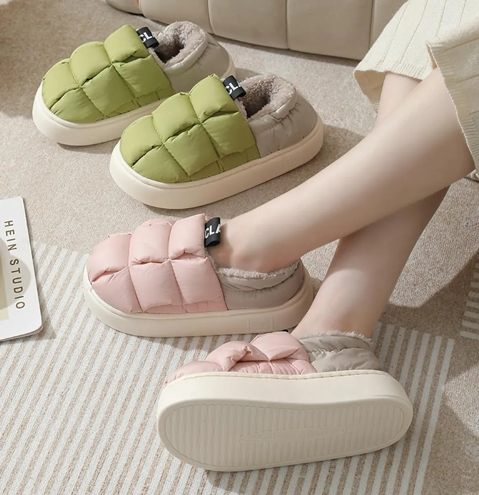 Pocadri Women's Cozy Short Bootie Slippers for Men Winter Warm Non-Slip House Shoes Plush Lining Down Cotton Slipper Boots Indoor Outdoor