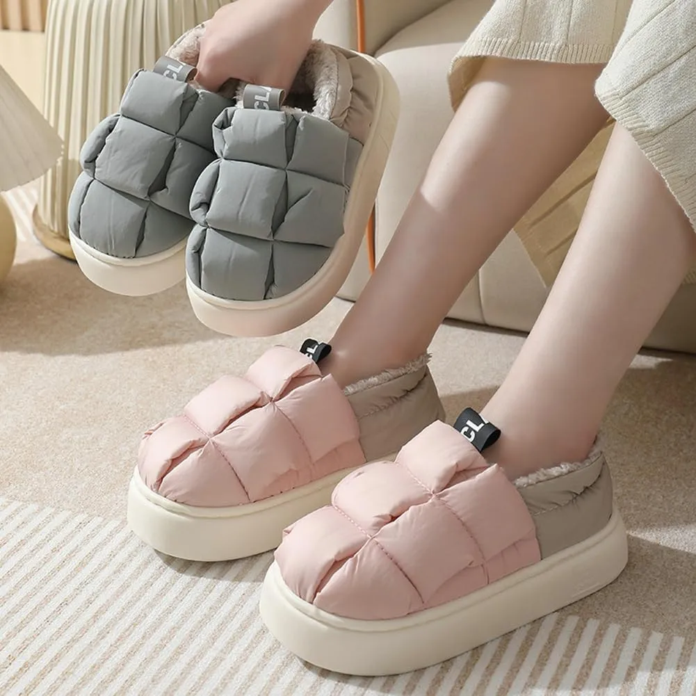Pocadri Women's Cozy Short Bootie Slippers for Men Winter Warm Non-Slip House Shoes Plush Lining Down Cotton Slipper Boots Indoor Outdoor