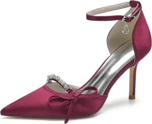 Pointed Satin Heels Wedding Shoes for Bride Ankle Strap Rhinestones Buckle Bridal Shoes Dress Pumps for Women