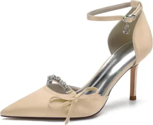 Pointed Satin Heels Wedding Shoes for Bride Ankle Strap Rhinestones Buckle Bridal Shoes Dress Pumps for Women