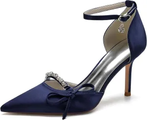 Pointed Satin Heels Wedding Shoes for Bride Ankle Strap Rhinestones Buckle Bridal Shoes Dress Pumps for Women