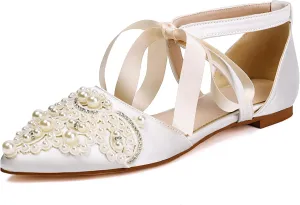 Pointed Toe Pearl Flats for Women Lace Up String Bead Riband Sandals Closed Toe Satin Bow Pumps
