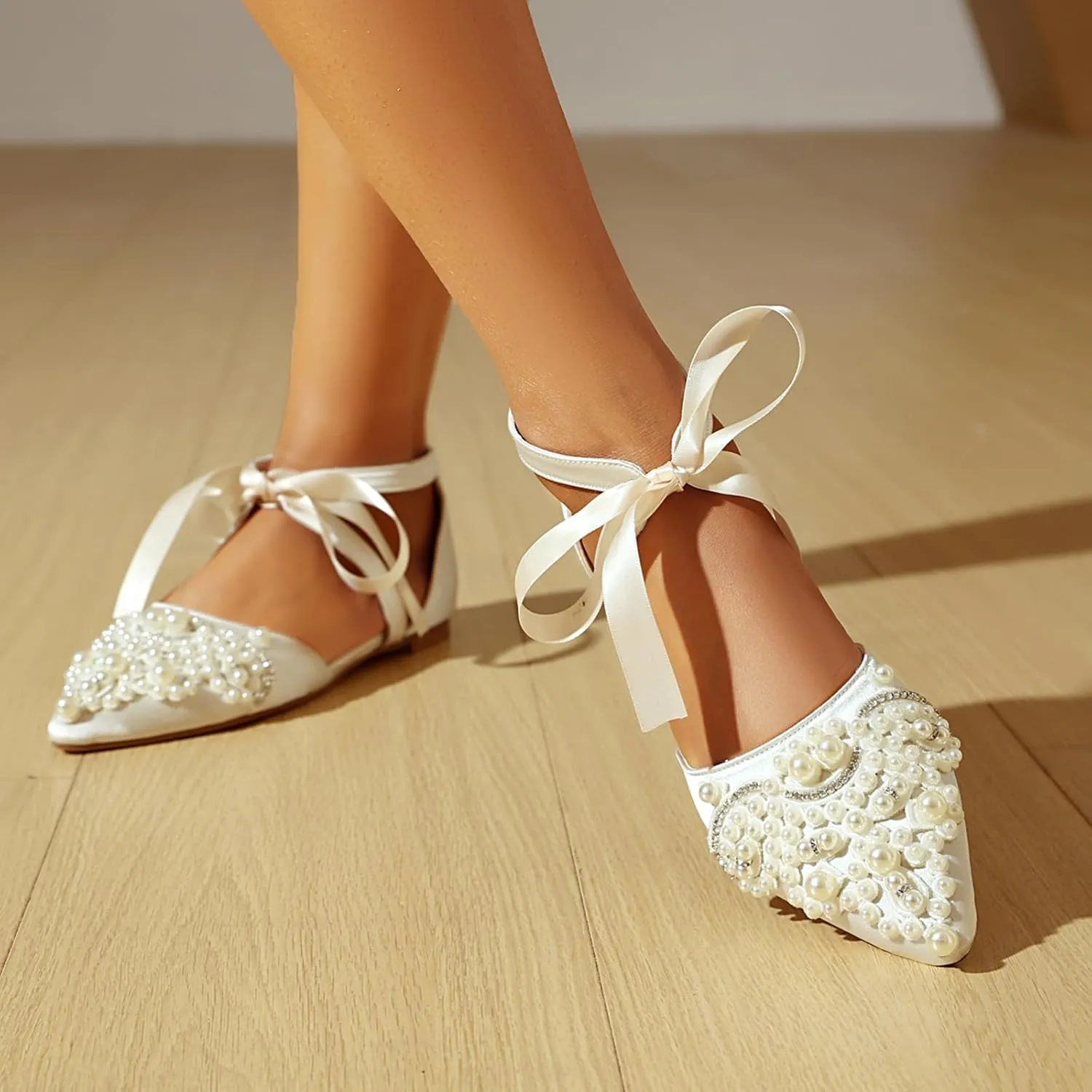 Pointed Toe Pearl Flats for Women Lace Up String Bead Riband Sandals Closed Toe Satin Bow Pumps
