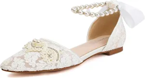 Pointed Toe Pearl Flats for Women Lace Up String Bead Riband Sandals Closed Toe Satin Bow Pumps
