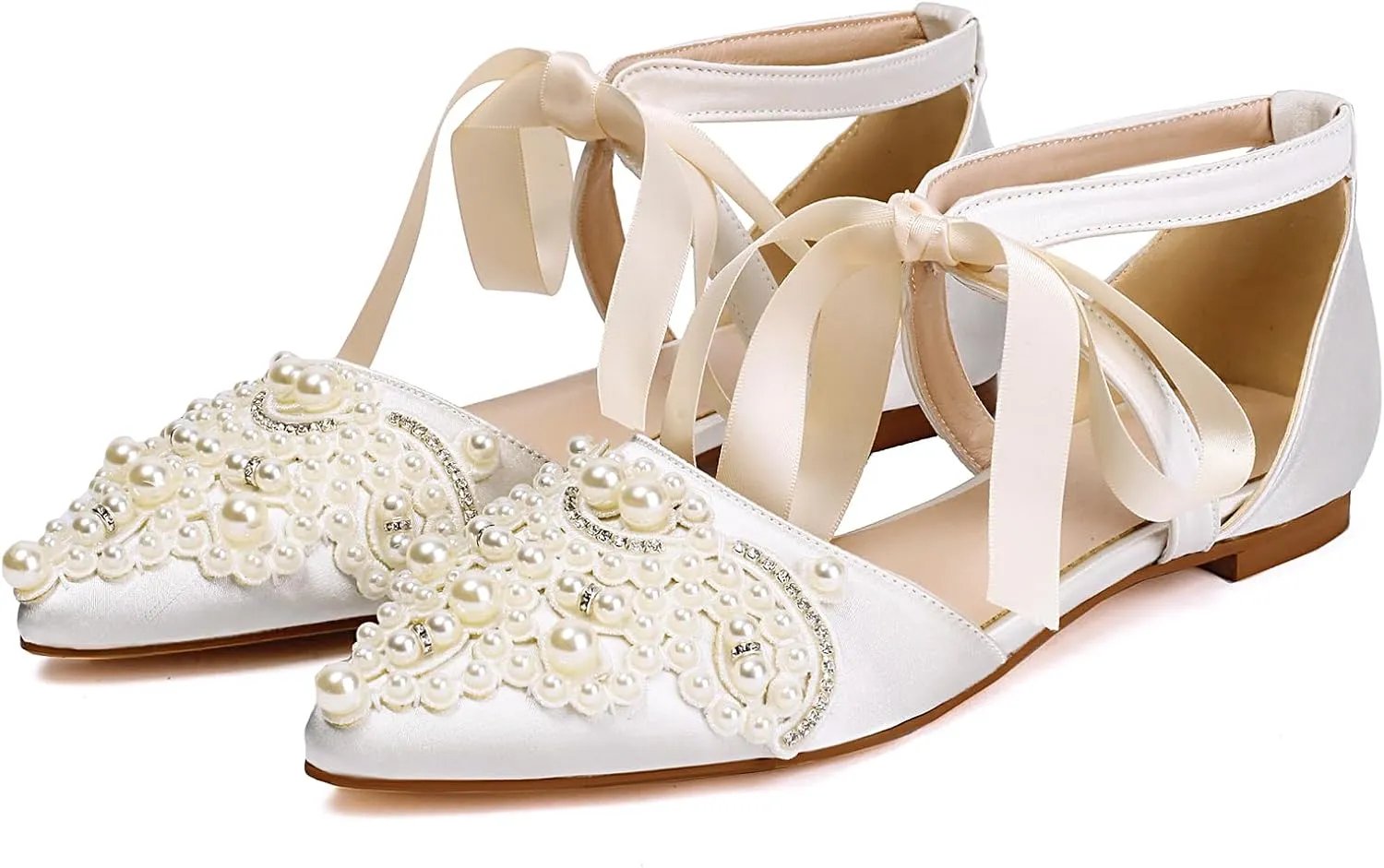 Pointed Toe Pearl Flats for Women Lace Up String Bead Riband Sandals Closed Toe Satin Bow Pumps