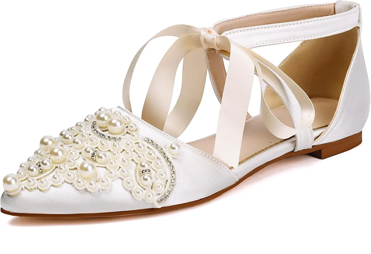 Pointed Toe Pearl Flats for Women Lace Up String Bead Riband Sandals Closed Toe Satin Bow Pumps