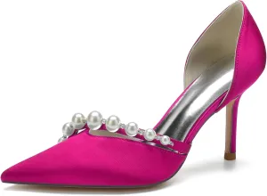 Pointed Toe Pearl Wedding Comfortable Heels Slip On Wedding Shoes for Bride Satin Bridal Shoes Dress Pumps for Women