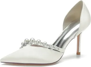 Pointed Toe Pearl Wedding Comfortable Heels Slip On Wedding Shoes for Bride Satin Bridal Shoes Dress Pumps for Women