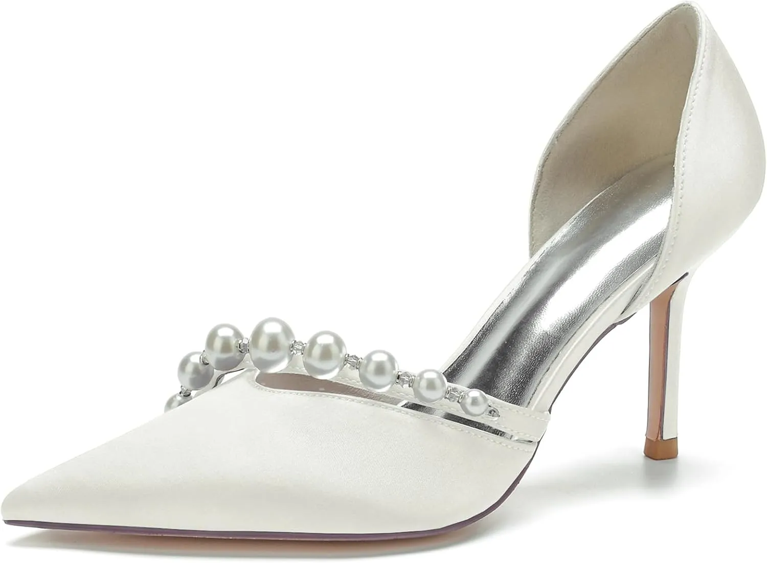 Pointed Toe Pearl Wedding Comfortable Heels Slip On Wedding Shoes for Bride Satin Bridal Shoes Dress Pumps for Women