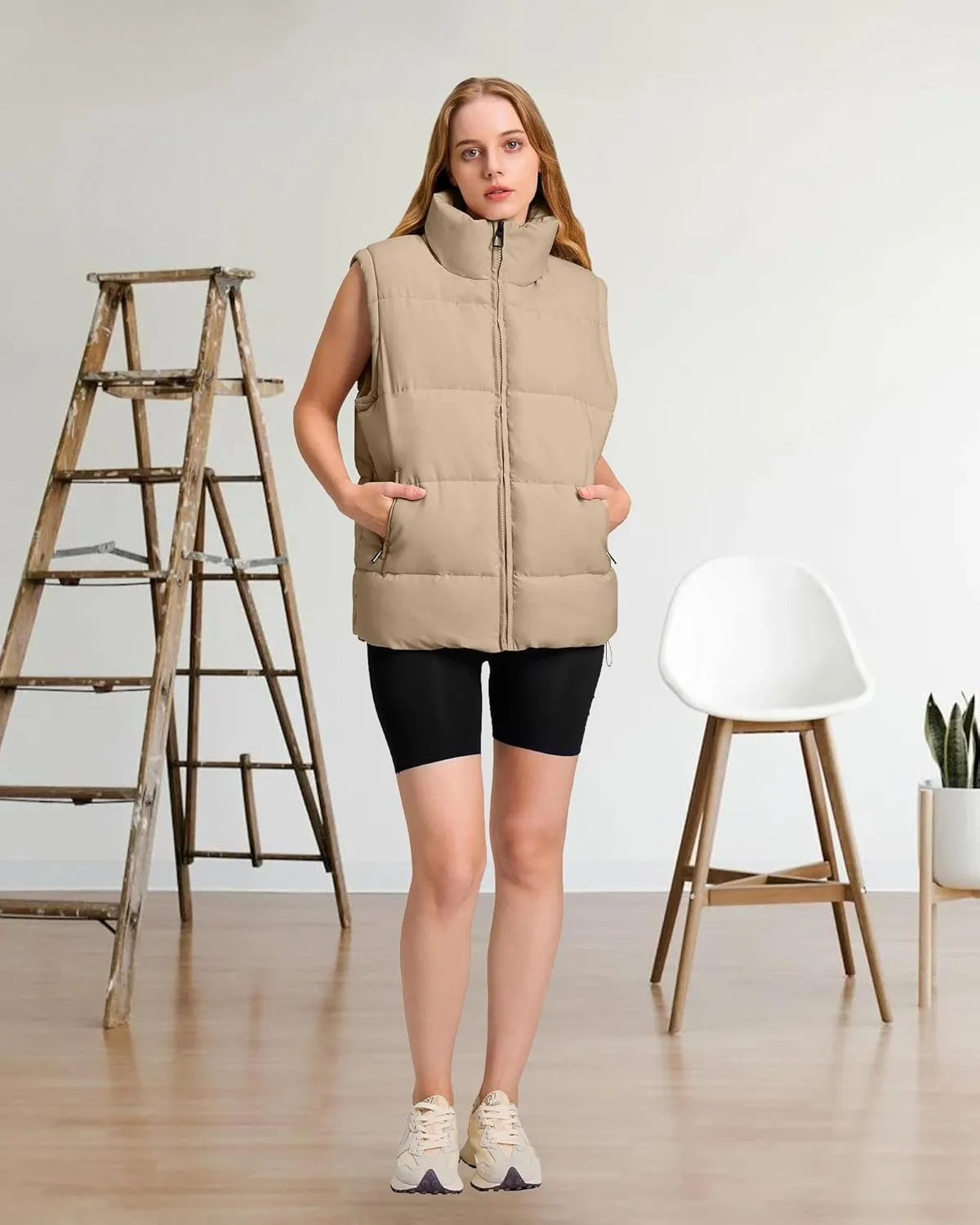 Polu Womens Puffer Vest 2024 Oversized Lightweight Winter Sleeveless Zip Up Padded Stand Collar Jacket Coat Warm