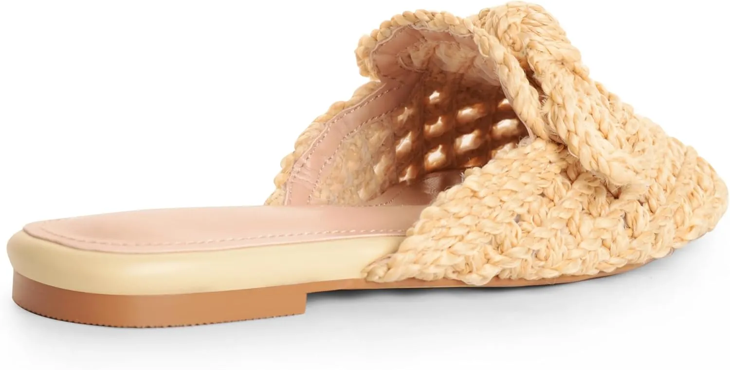 Raffia Slides Flats Sandals for Women Flat Summer Mule Sandals Slippers Closed Round Toe Slip On Comfortable Bow Sandals