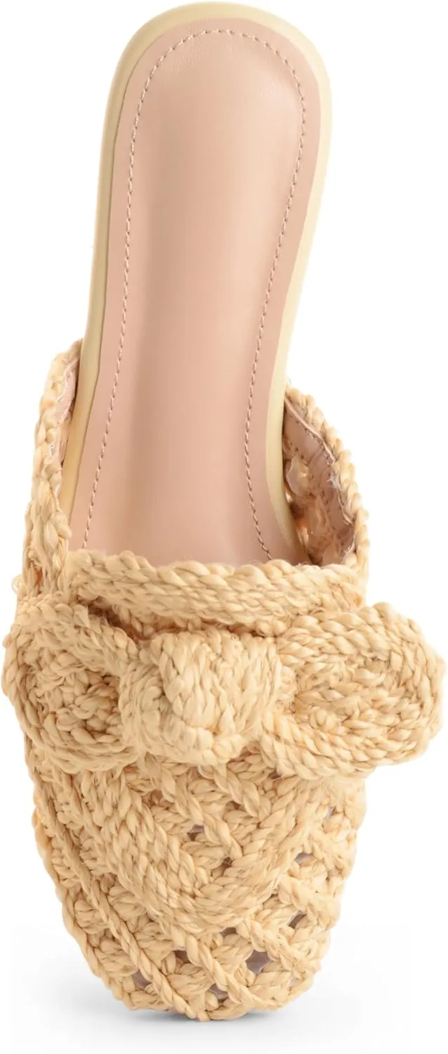 Raffia Slides Flats Sandals for Women Flat Summer Mule Sandals Slippers Closed Round Toe Slip On Comfortable Bow Sandals