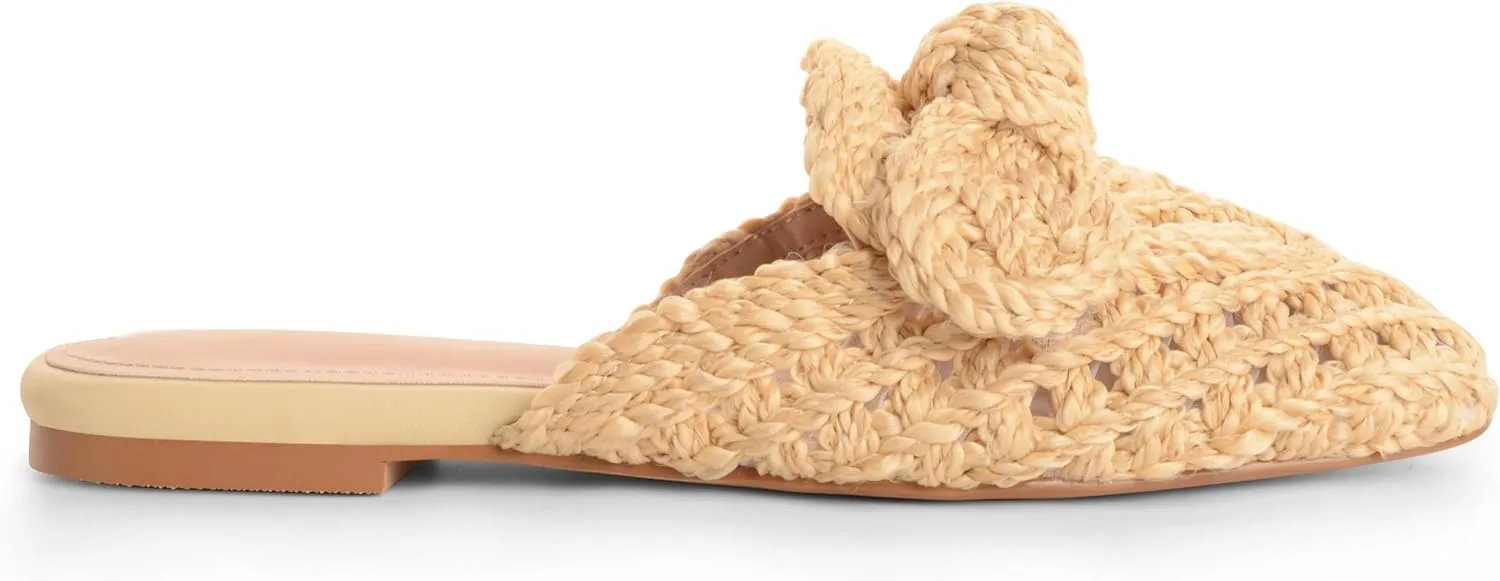 Raffia Slides Flats Sandals for Women Flat Summer Mule Sandals Slippers Closed Round Toe Slip On Comfortable Bow Sandals