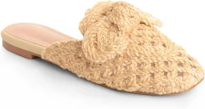 Raffia Slides Flats Sandals for Women Flat Summer Mule Sandals Slippers Closed Round Toe Slip On Comfortable Bow Sandals
