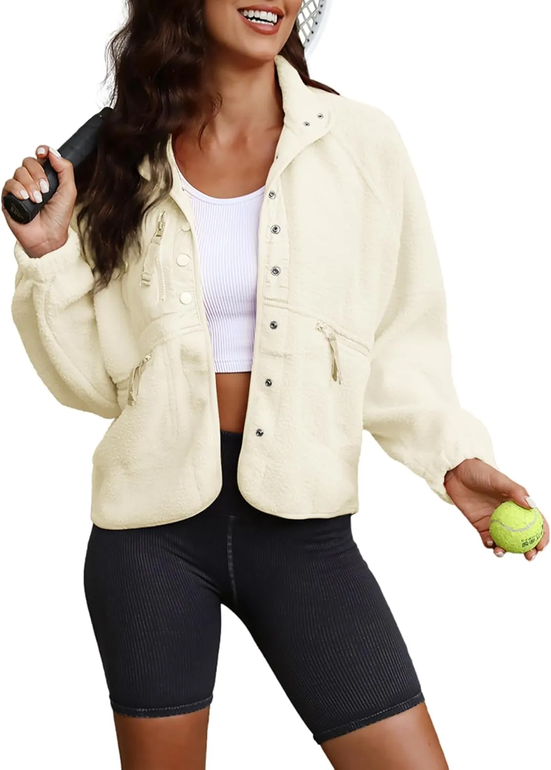 ReachMe Womens Sherpa Jacket Casual Lapel Button Down Cropped Fuzzy Fleece Jackets Long Sleeve Winter Coats with Pockets