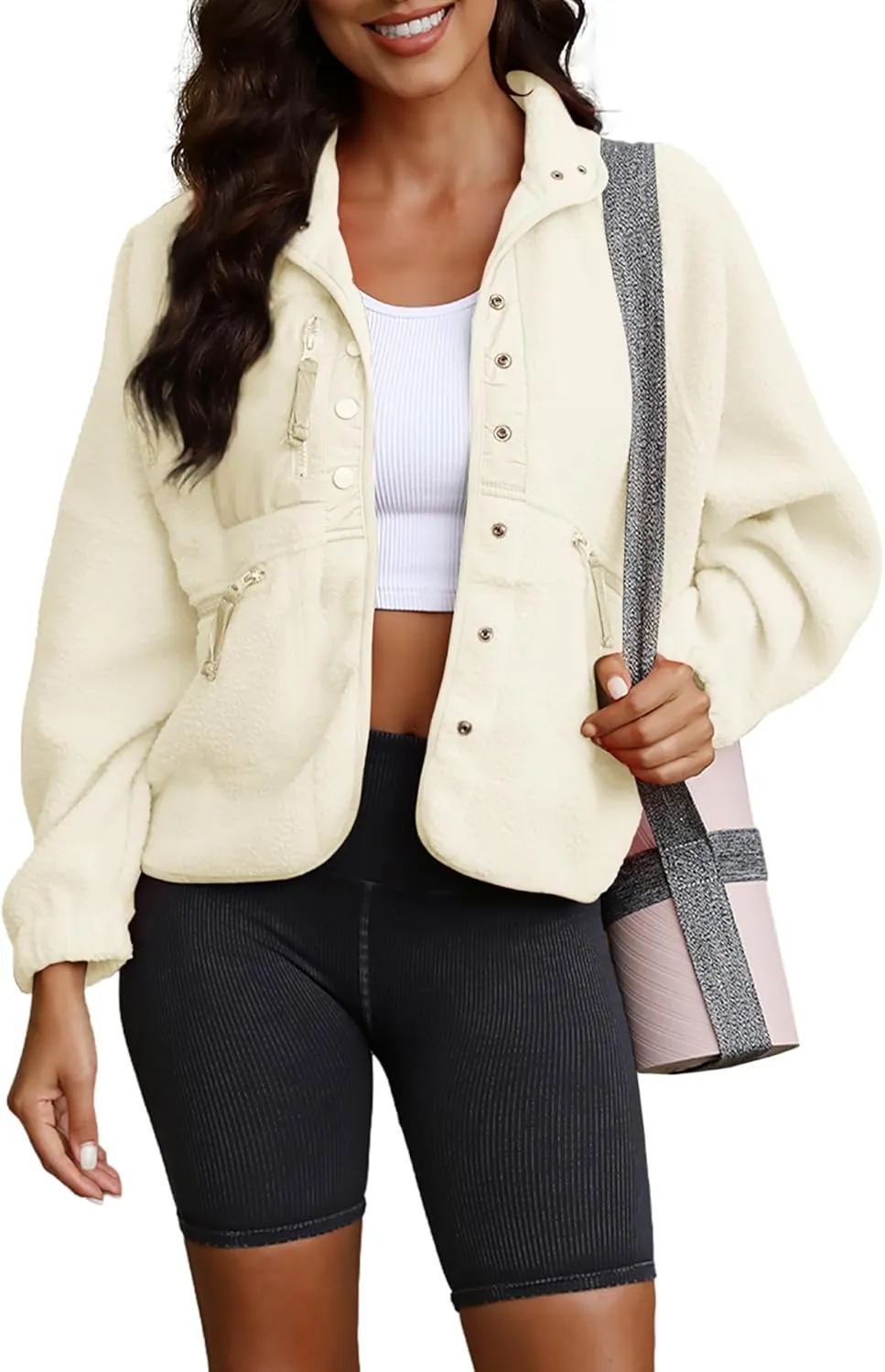 ReachMe Womens Sherpa Jacket Casual Lapel Button Down Cropped Fuzzy Fleece Jackets Long Sleeve Winter Coats with Pockets