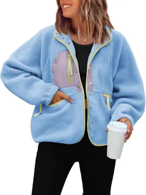 ReachMe Womens Sherpa Jacket Casual Lapel Button Down Cropped Fuzzy Fleece Jackets Long Sleeve Winter Coats with Pockets
