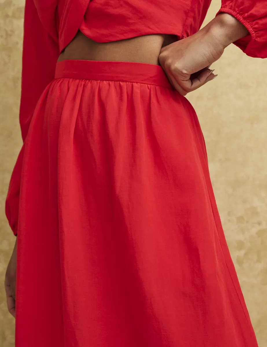 Red Linen-blend Bianca Midi Skirt
