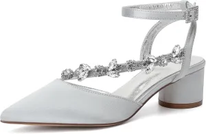 Rhinestones Satin Strappy Wedding Shoes Pointed Toe Block Low Heel Bridal Shoes Women Party Sandals 4.5CM Closed Toe Ankle Strap Pumps for Prom,Silver,9
