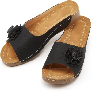 Rungion Womens Summer Beach Sandals Wedge Low Open Toe Slides Ladies Dressy Sandals Slipper Platform Comfortable Flower Sandals